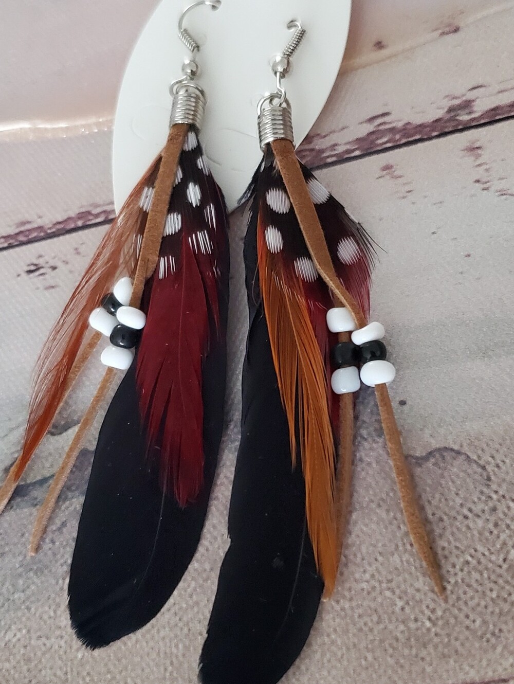 Long Light Layered Black Feather Dangle Earrings.